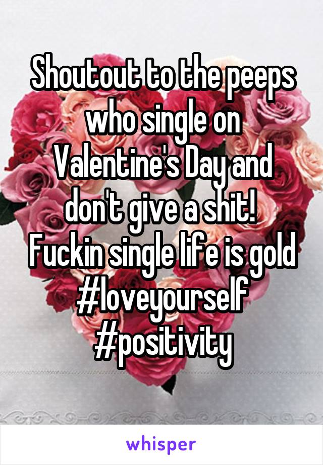 Shoutout to the peeps who single on Valentine's Day and don't give a shit! 
Fuckin single life is gold
#loveyourself #positivity
