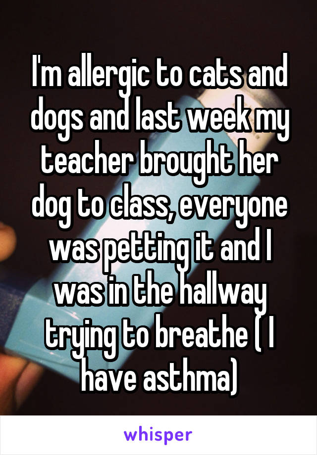 I'm allergic to cats and dogs and last week my teacher brought her dog to class, everyone was petting it and I was in the hallway trying to breathe ( I have asthma)