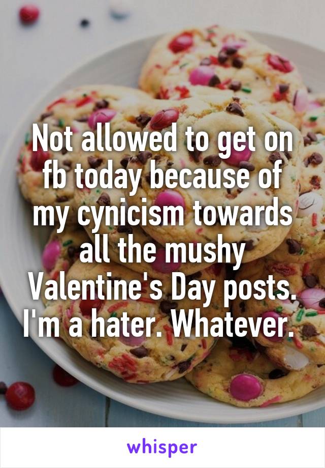 Not allowed to get on fb today because of my cynicism towards all the mushy Valentine's Day posts. I'm a hater. Whatever. 