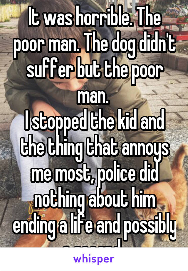 It was horrible. The poor man. The dog didn't suffer but the poor man. 
I stopped the kid and the thing that annoys me most, police did nothing about him ending a life and possibly a second. 