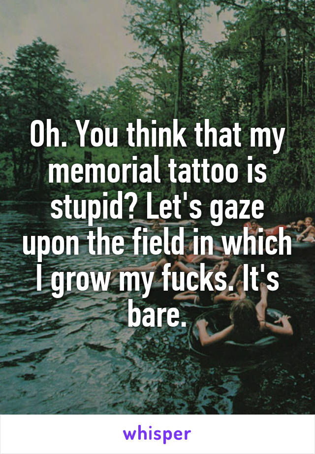 Oh. You think that my memorial tattoo is stupid? Let's gaze upon the field in which I grow my fucks. It's bare.