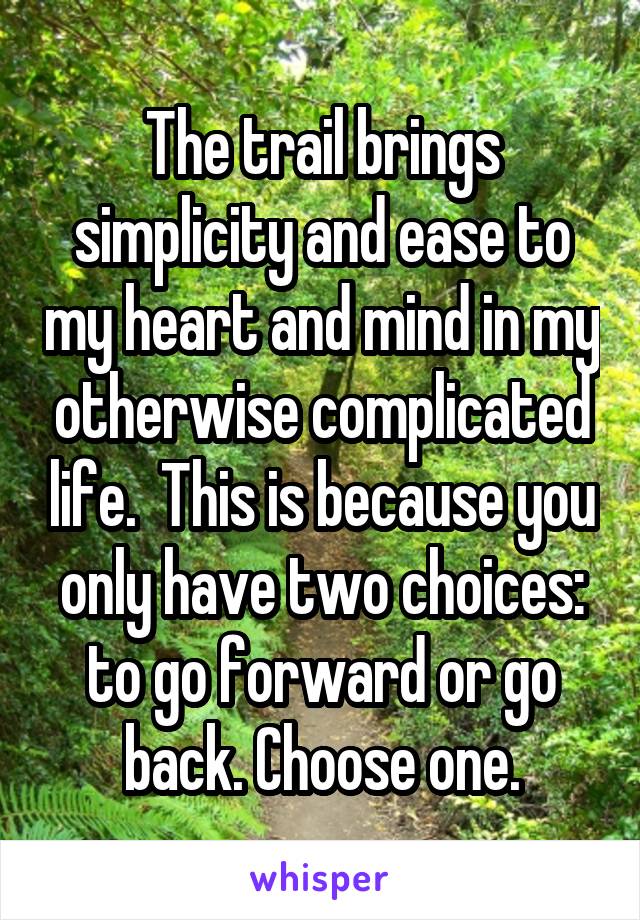 The trail brings simplicity and ease to my heart and mind in my otherwise complicated life.  This is because you only have two choices: to go forward or go back. Choose one.