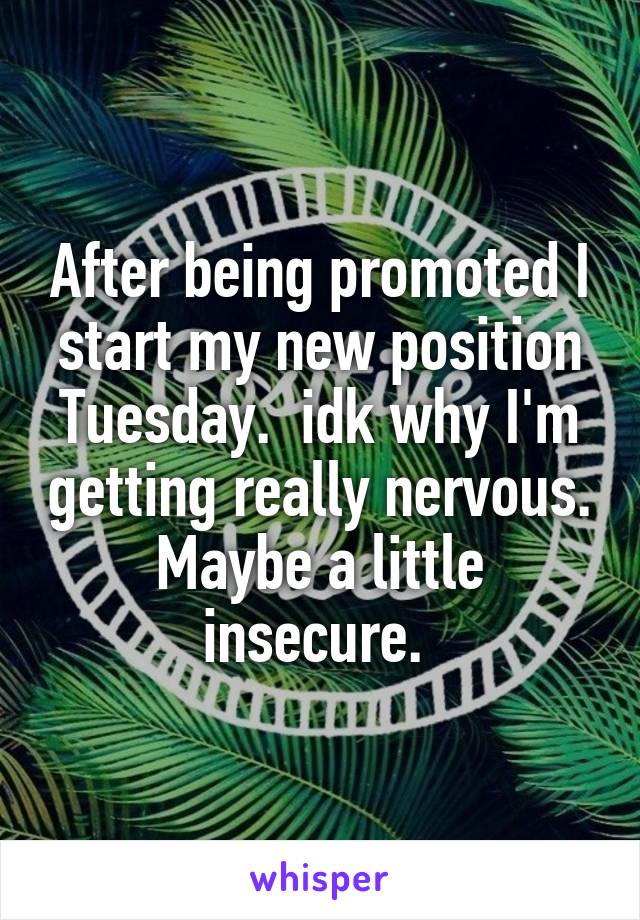 After being promoted I start my new position Tuesday.  idk why I'm getting really nervous. Maybe a little insecure. 