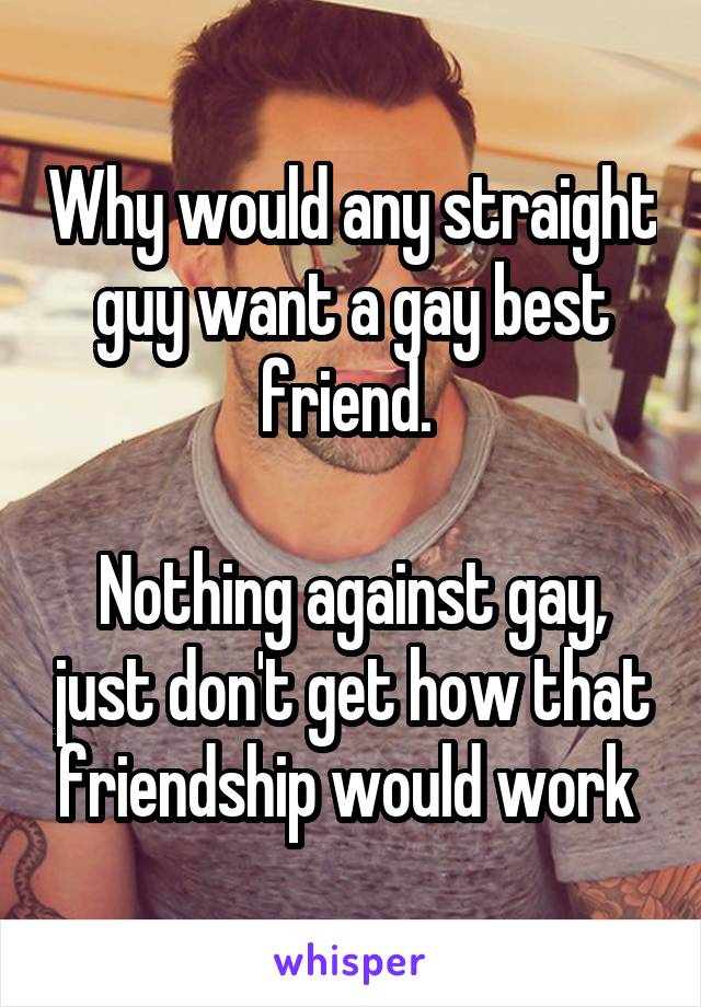 Why would any straight guy want a gay best friend. 

Nothing against gay, just don't get how that friendship would work 