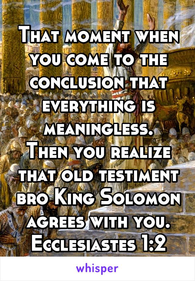 That moment when you come to the conclusion that everything is meaningless.
Then you realize that old testiment bro King Solomon agrees with you.
Ecclesiastes 1:2