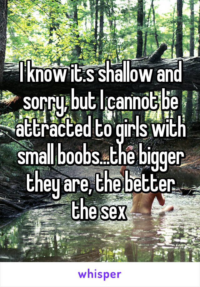 I know it.s shallow and sorry, but I cannot be attracted to girls with small boobs...the bigger they are, the better the sex 