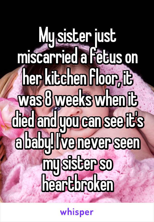 My sister just miscarried a fetus on her kitchen floor, it was 8 weeks when it died and you can see it's a baby! I've never seen my sister so heartbroken