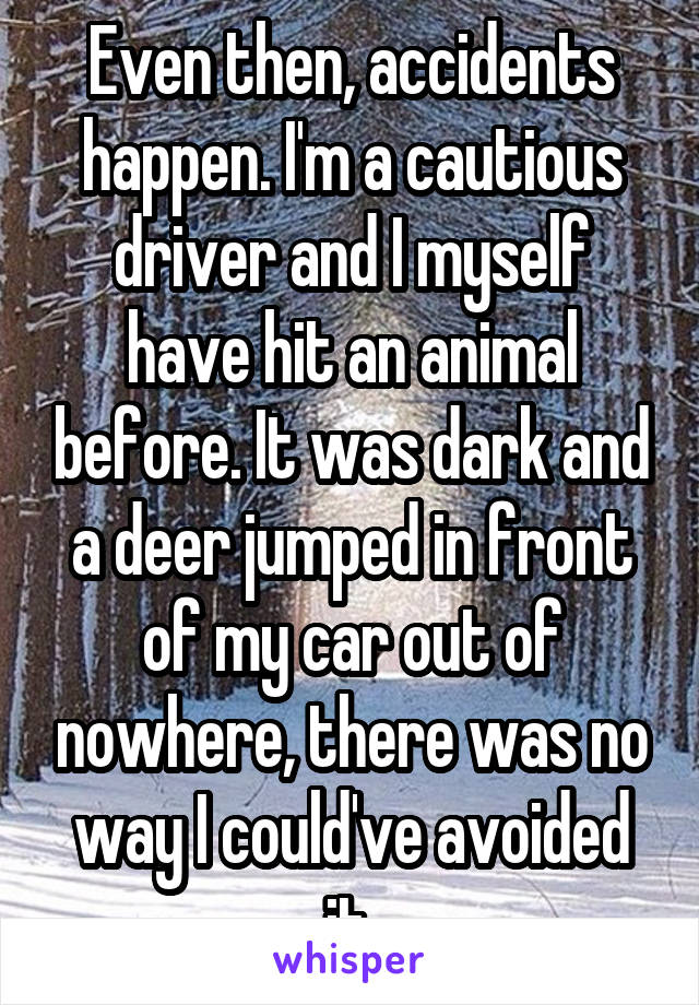 Even then, accidents happen. I'm a cautious driver and I myself have hit an animal before. It was dark and a deer jumped in front of my car out of nowhere, there was no way I could've avoided it.