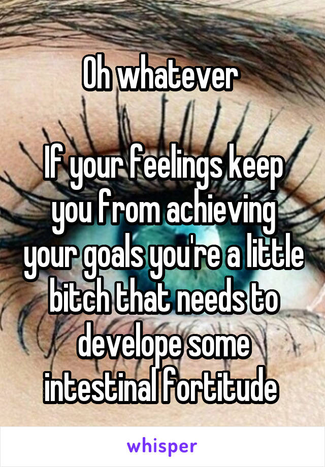 Oh whatever 

If your feelings keep you from achieving your goals you're a little bitch that needs to develope some intestinal fortitude 