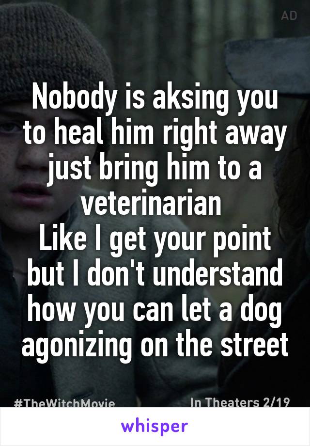 Nobody is aksing you to heal him right away just bring him to a veterinarian 
Like I get your point but I don't understand how you can let a dog agonizing on the street