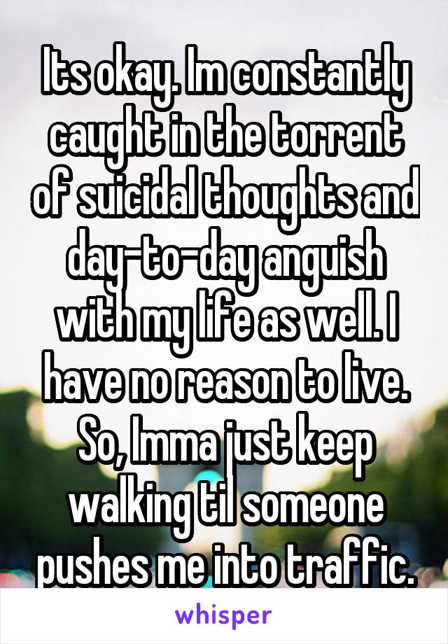 Its okay. Im constantly caught in the torrent of suicidal thoughts and day-to-day anguish with my life as well. I have no reason to live. So, Imma just keep walking til someone pushes me into traffic.