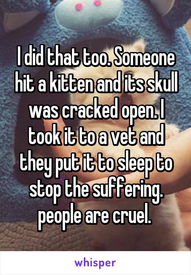 I did that too. Someone hit a kitten and its skull was cracked open. I took it to a vet and they put it to sleep to stop the suffering. people are cruel. 