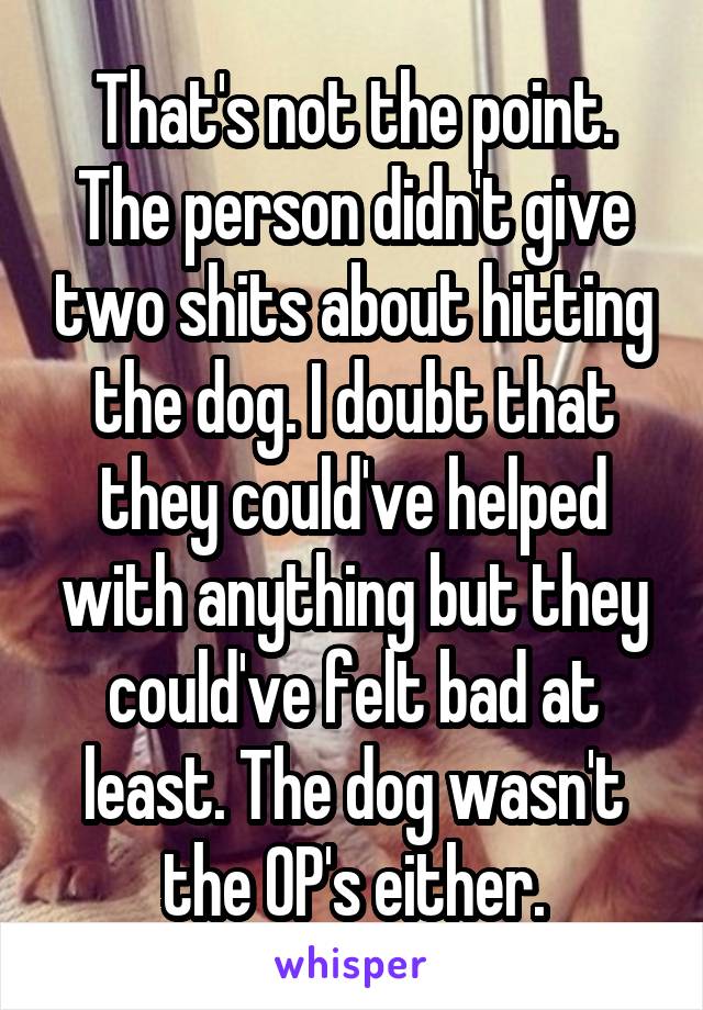 That's not the point. The person didn't give two shits about hitting the dog. I doubt that they could've helped with anything but they could've felt bad at least. The dog wasn't the OP's either.