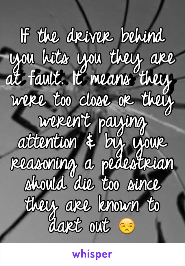 If the driver behind you hits you they are at fault. It means they were too close or they weren't paying attention & by your reasoning a pedestrian should die too since they are known to dart out 😒