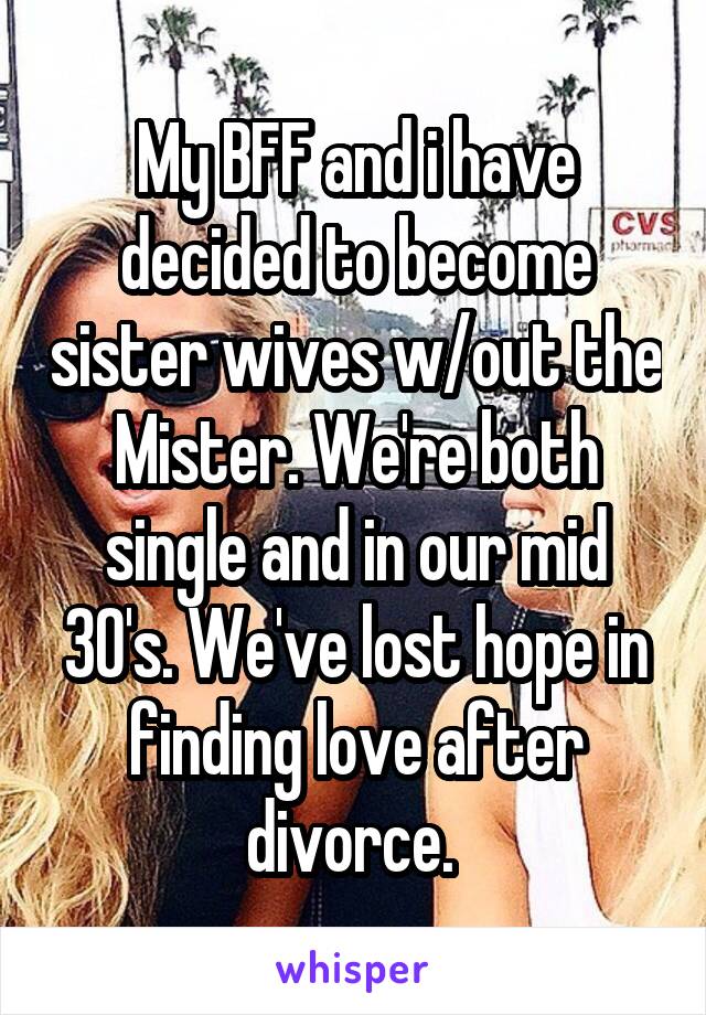 My BFF and i have decided to become sister wives w/out the Mister. We're both single and in our mid 30's. We've lost hope in finding love after divorce. 