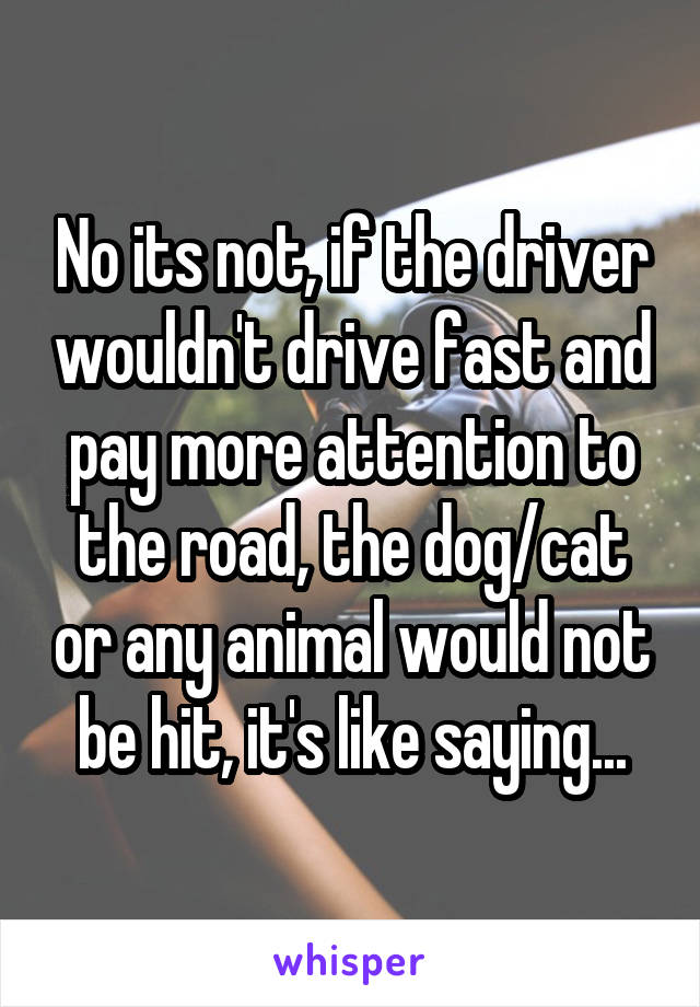 No its not, if the driver wouldn't drive fast and pay more attention to the road, the dog/cat or any animal would not be hit, it's like saying...