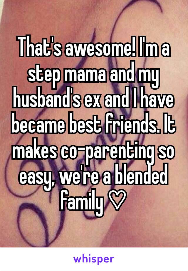 That's awesome! I'm a step mama and my husband's ex and I have became best friends. It makes co-parenting so easy, we're a blended family ♡