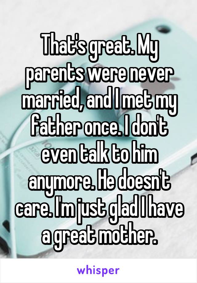 That's great. My parents were never married, and I met my father once. I don't even talk to him anymore. He doesn't care. I'm just glad I have a great mother.