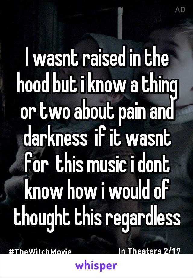 I wasnt raised in the hood but i know a thing or two about pain and darkness  if it wasnt for  this music i dont know how i would of thought this regardless