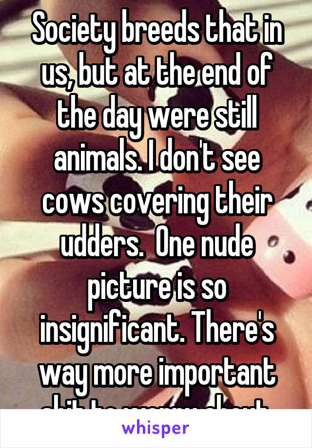 Society breeds that in us, but at the end of the day were still animals. I don't see cows covering their udders.  One nude picture is so insignificant. There's way more important shit to worry about.