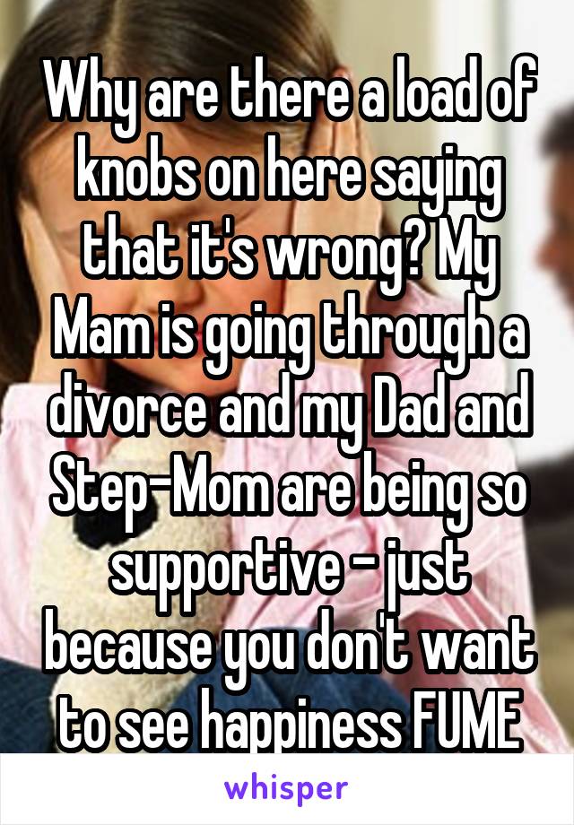 Why are there a load of knobs on here saying that it's wrong? My Mam is going through a divorce and my Dad and Step-Mom are being so supportive - just because you don't want to see happiness FUME