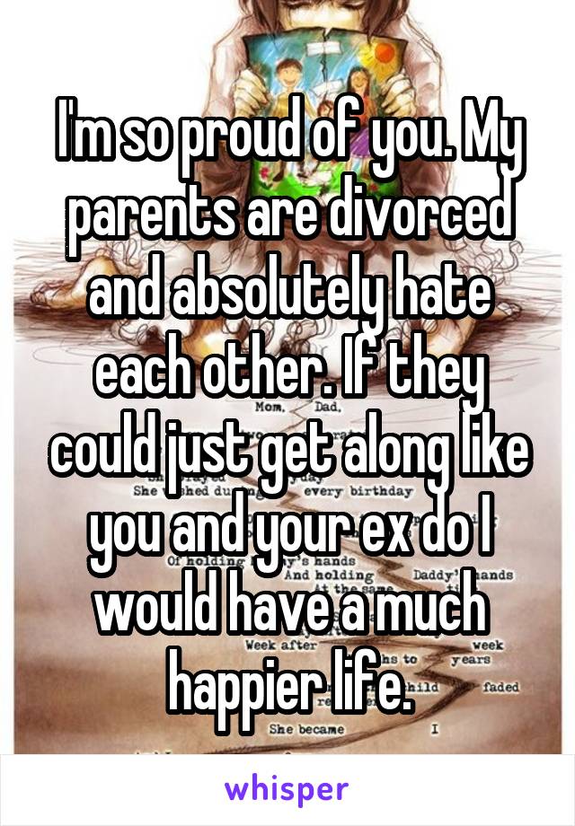 I'm so proud of you. My parents are divorced and absolutely hate each other. If they could just get along like you and your ex do I would have a much happier life.