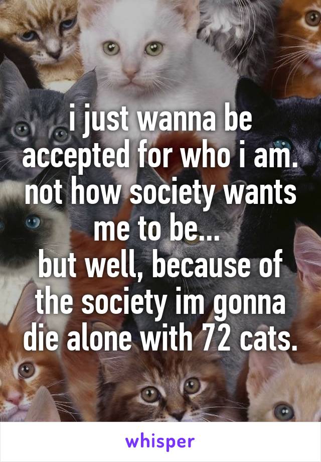 i just wanna be accepted for who i am. not how society wants me to be... 
but well, because of the society im gonna die alone with 72 cats.