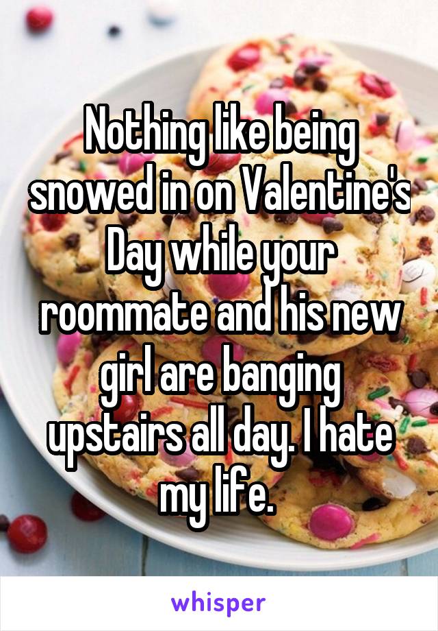 Nothing like being snowed in on Valentine's Day while your roommate and his new girl are banging upstairs all day. I hate my life. 