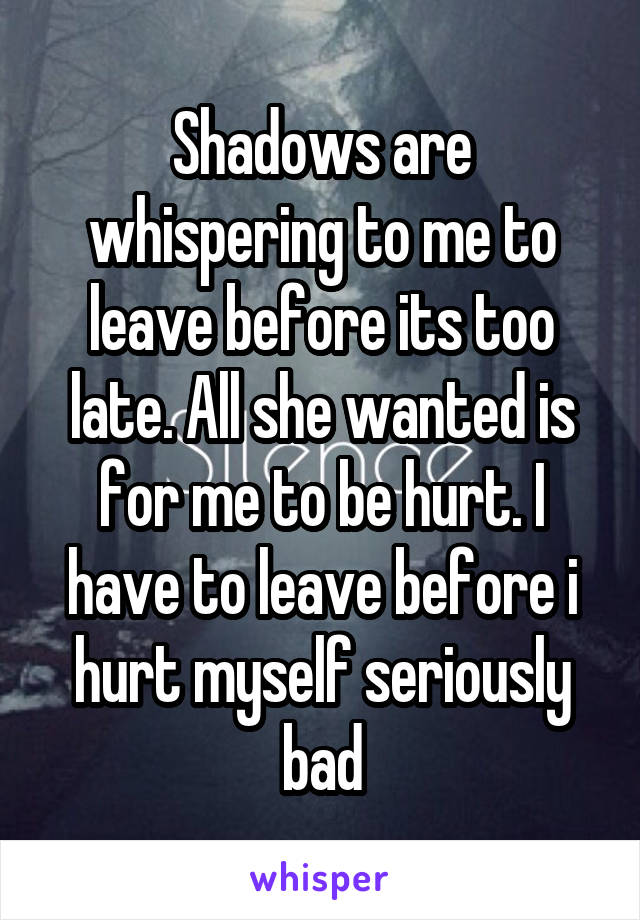Shadows are whispering to me to leave before its too late. All she wanted is for me to be hurt. I have to leave before i hurt myself seriously bad