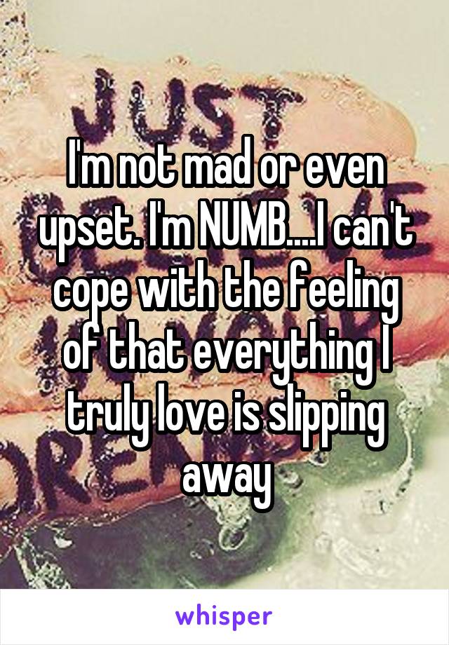 I'm not mad or even upset. I'm NUMB....I can't cope with the feeling of that everything I truly love is slipping away