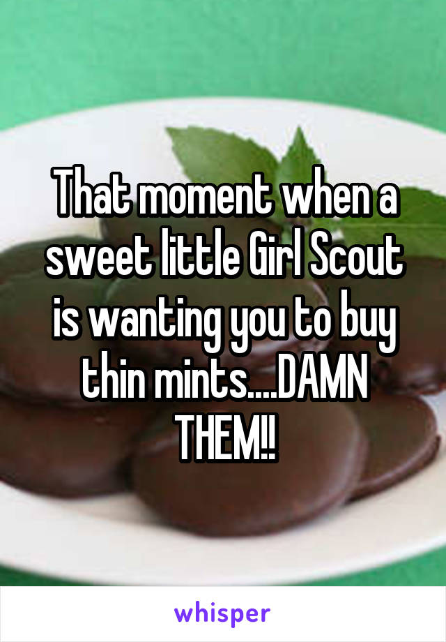 That moment when a sweet little Girl Scout is wanting you to buy thin mints....DAMN THEM!!