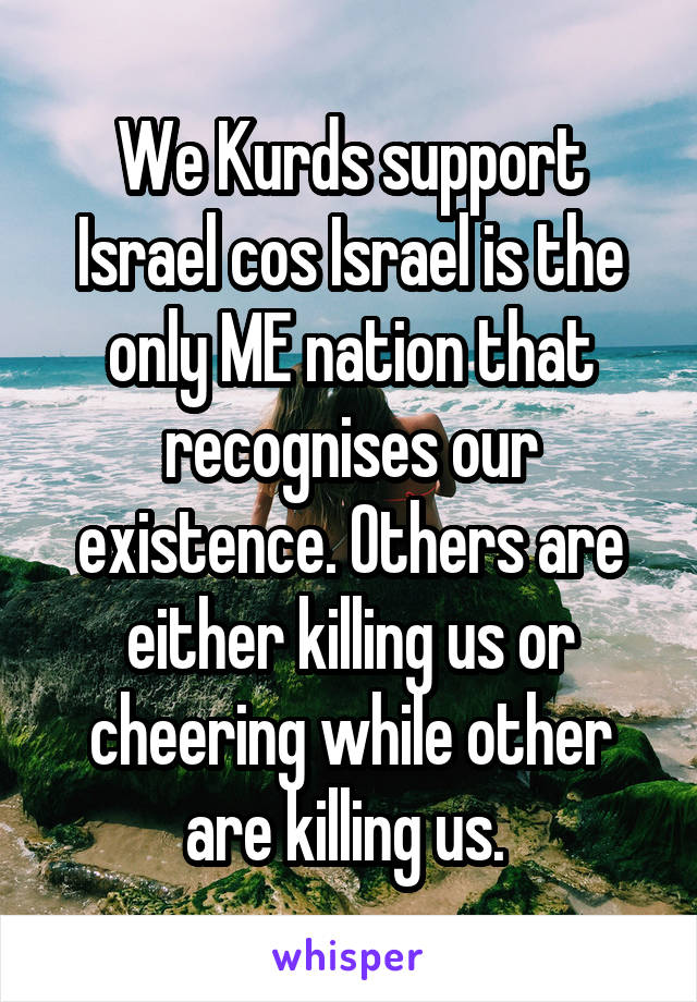We Kurds support Israel cos Israel is the only ME nation that recognises our existence. Others are either killing us or cheering while other are killing us. 