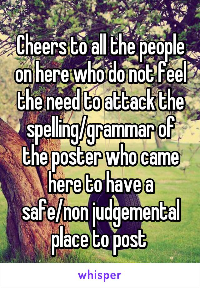 Cheers to all the people on here who do not feel the need to attack the spelling/grammar of the poster who came here to have a safe/non judgemental place to post 