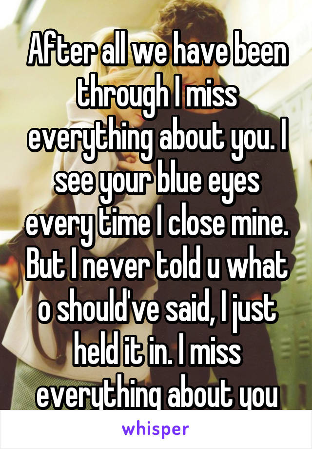After all we have been through I miss everything about you. I see your blue eyes every time I close mine. But I never told u what o should've said, I just held it in. I miss everything about you