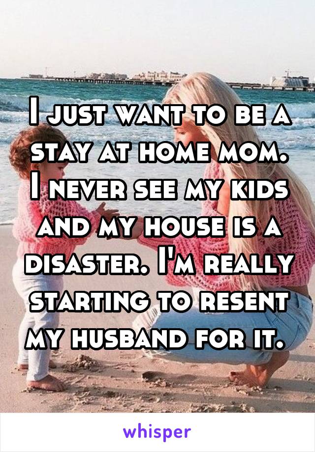 I just want to be a stay at home mom. I never see my kids and my house is a disaster. I'm really starting to resent my husband for it. 