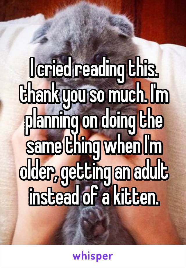I cried reading this. thank you so much. I'm planning on doing the same thing when I'm older, getting an adult instead of a kitten.