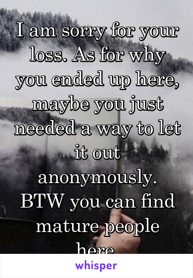 I am sorry for your loss. As for why you ended up here, maybe you just needed a way to let it out anonymously. BTW you can find mature people here.