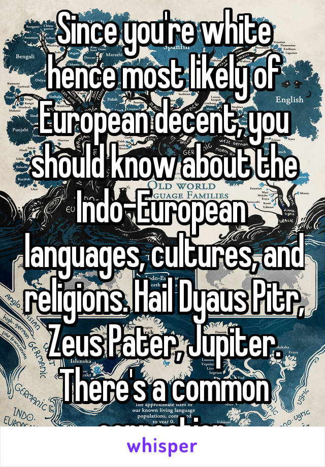 Since you're white hence most likely of European decent, you should know about the Indo-European  languages, cultures, and religions. Hail Dyaus Pitr, Zeus Pater, Jupiter. There's a common connection.