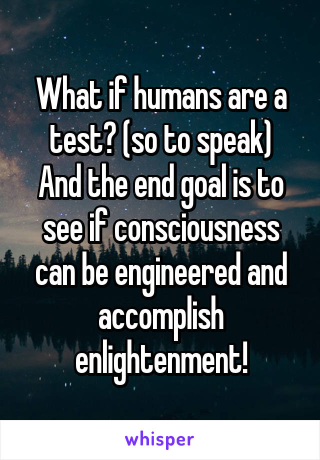 What if humans are a test? (so to speak)
And the end goal is to see if consciousness can be engineered and accomplish enlightenment!