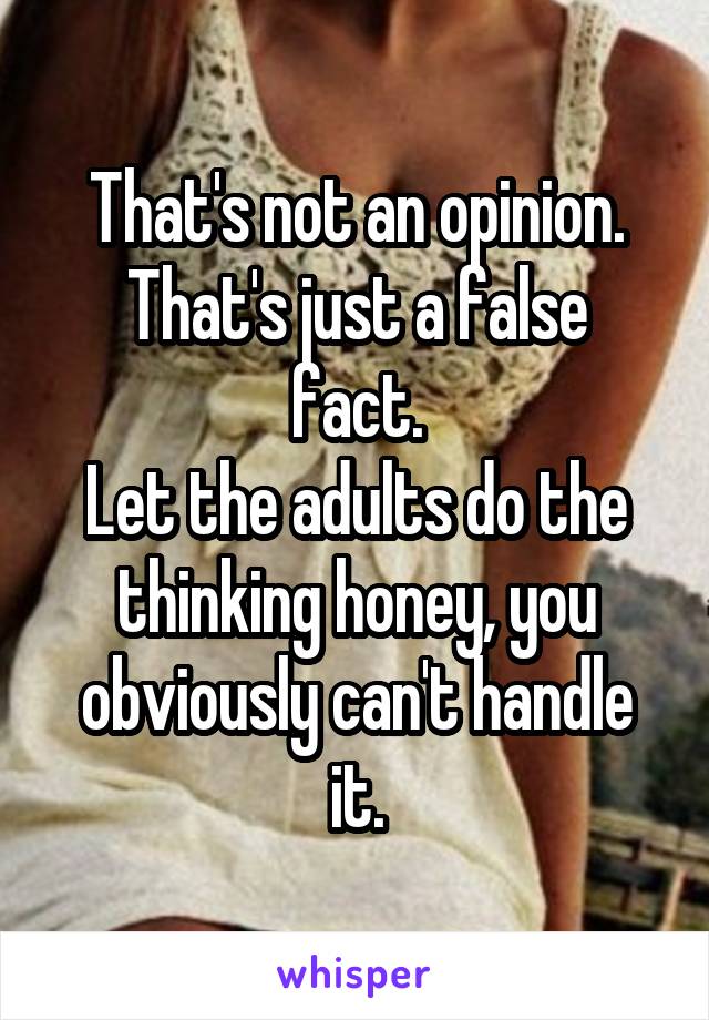 That's not an opinion.
That's just a false fact.
Let the adults do the thinking honey, you obviously can't handle it.