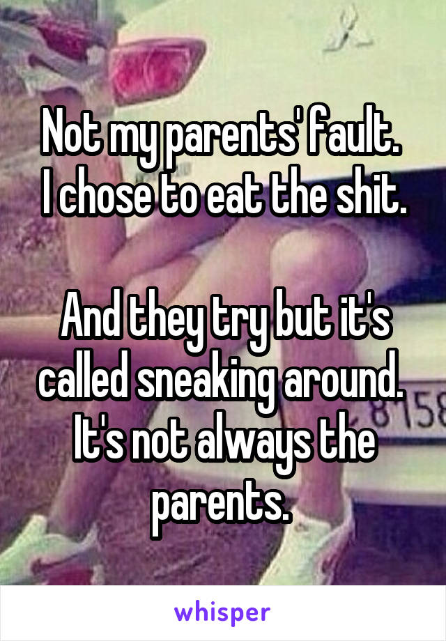 Not my parents' fault. 
I chose to eat the shit. 
And they try but it's called sneaking around. 
It's not always the parents. 