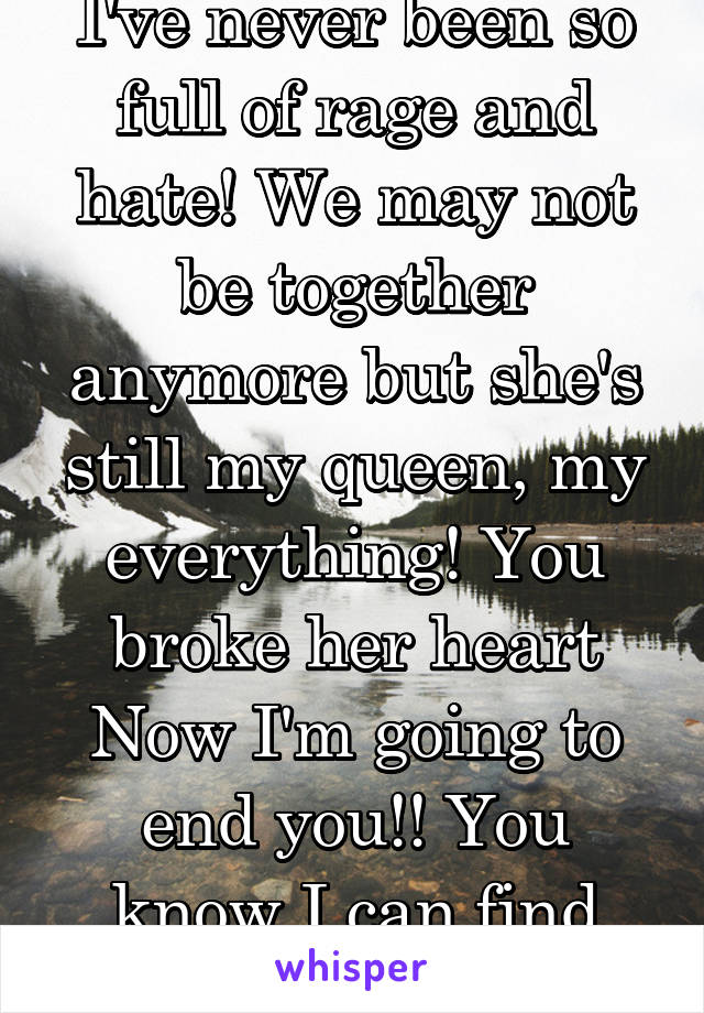I've never been so full of rage and hate! We may not be together anymore but she's still my queen, my everything! You broke her heart Now I'm going to end you!! You know I can find you!! 