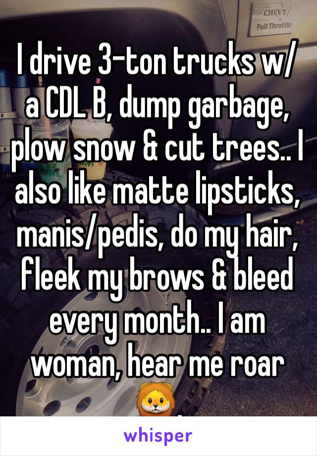I drive 3-ton trucks w/ a CDL B, dump garbage, plow snow & cut trees.. I also like matte lipsticks, manis/pedis, do my hair, fleek my brows & bleed every month.. I am woman, hear me roar 🦁.