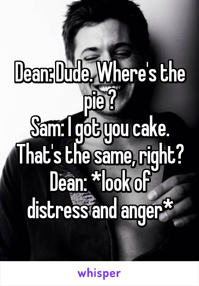 Dean: Dude. Where's the pie ?
Sam: I got you cake. That's the same, right?
Dean: *look of distress and anger*