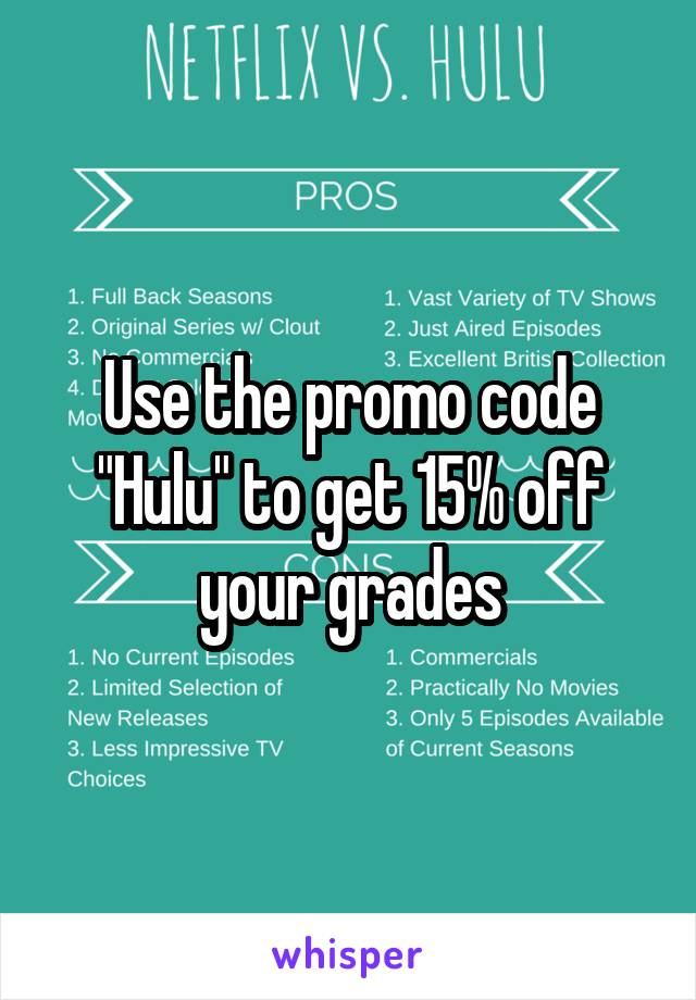 Use the promo code "Hulu" to get 15% off your grades