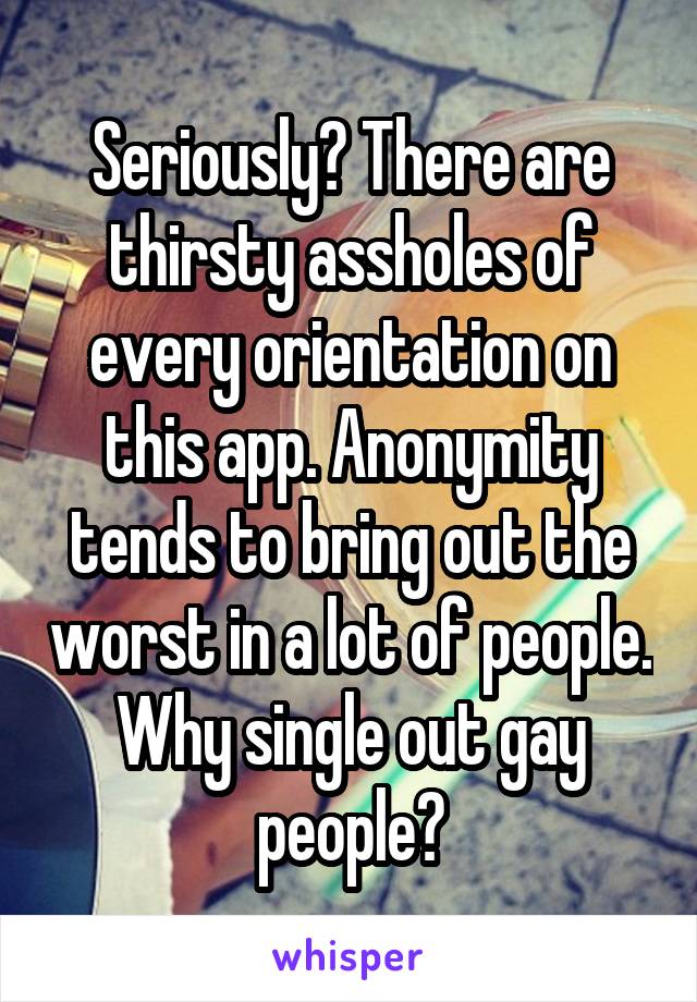 Seriously? There are thirsty assholes of every orientation on this app. Anonymity tends to bring out the worst in a lot of people. Why single out gay people?