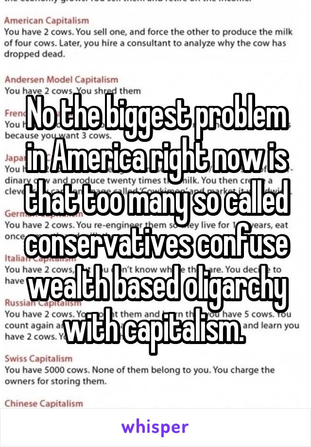No the biggest problem in America right now is that too many so called conservatives confuse wealth based oligarchy with capitalism. 