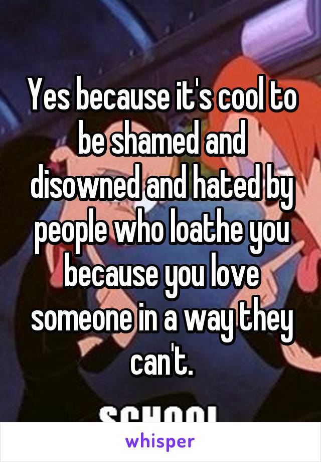 Yes because it's cool to be shamed and disowned and hated by people who loathe you because you love someone in a way they can't.