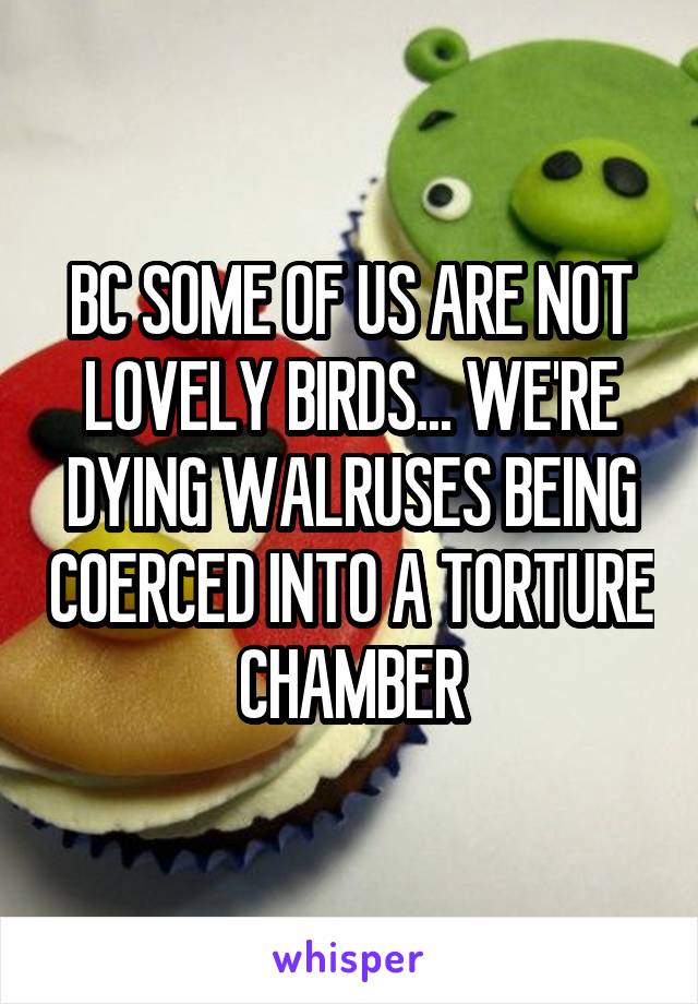 BC SOME OF US ARE NOT LOVELY BIRDS... WE'RE DYING WALRUSES BEING COERCED INTO A TORTURE CHAMBER