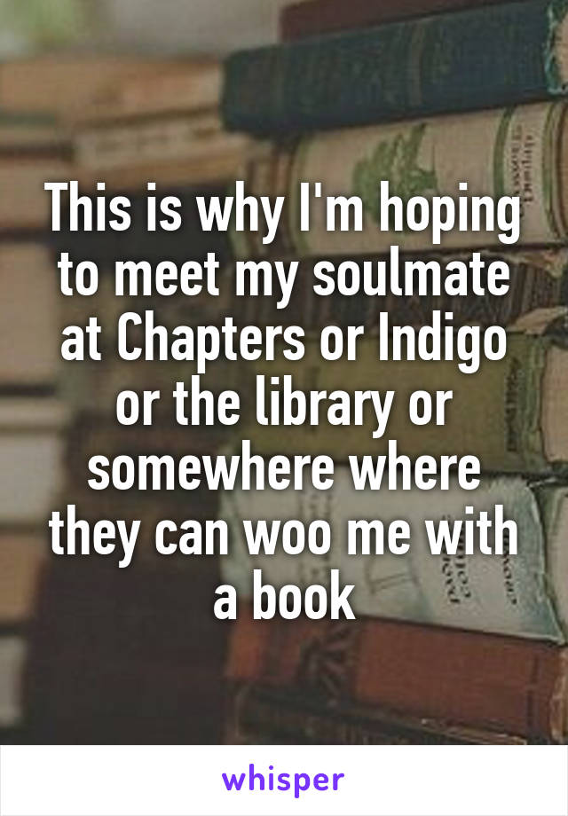This is why I'm hoping to meet my soulmate at Chapters or Indigo or the library or somewhere where they can woo me with a book